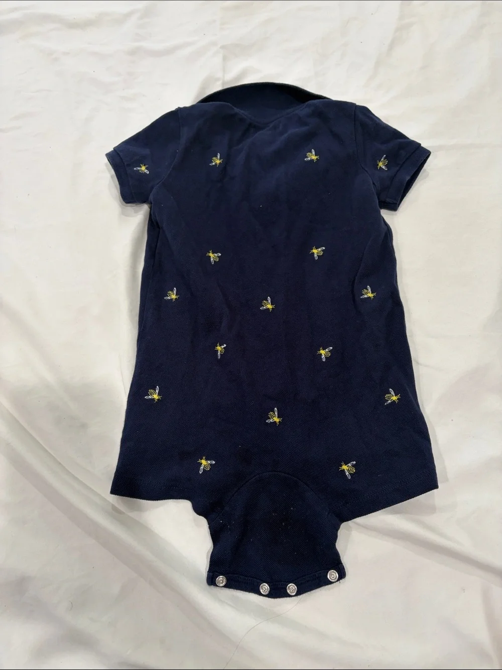 Ralph Lauren Navy Polo Romper with Yellow Bee Embroidery